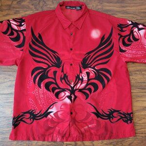 Vintage NO BOUNDARIES Men's Tribal Print Red Short Sleeve Button-Up Shirt sz XL